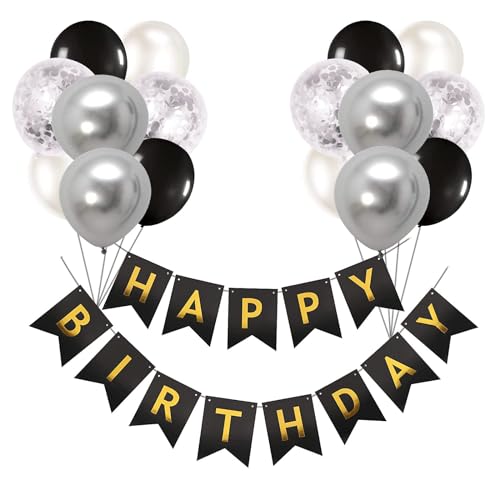 Luftballons Geburtstag Dekoration Set, Schwarz Silber Geburtstagsdeko Happy Birthday deko Banner Party Deko Geburtstag Set mit Schwarz Silber Latex Luftballons Konfetti Ballons(BK+ SR) von YELYAN