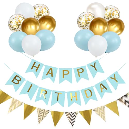 Macaron Luftballons Geburtstag Dekoration Set, Macaron blau Golden Geburtstagsdeko Happy Birthday deko Banner Party Deko Geburtstag Set mit Luftballons Dreiecksflaggen Girlanden（BL+SJQ) von YELYAN