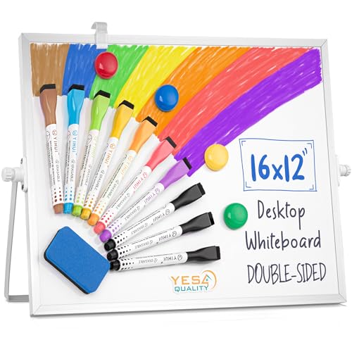 Trocken abwischbares magnetisches Whiteboard (40 x 30 cm) mit rutschfestem Ständer, tragbares Desktop-Whiteboard mit 10 bunten Markern, 4 Magneten und 1 Radiergummi von Yes4Quality von YES4QUALITY