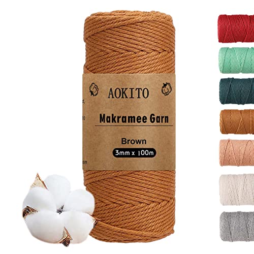 YESLUSY Makramee Garn, 3mm x 100m Premium Baumwolle Makramee Garn für DIY Handwerk, Hängepflanze, Boho Deko, Blumenampel, Pflanzenbügel (Karamellfarbe) von YESLUSY