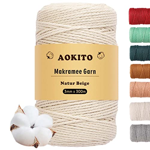 YESLUSY Makramee Garn, 3mm x 300m Premium Baumwolle Makramee Garn für DIY Handwerk, Hängepflanze, Boho Deko, Blumenampel, Pflanzenbügel (Beige) von YESLUSY