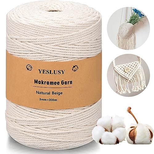 YESLUSY Premium Makramee Garn Natur - 3mm x 300m Baumwollgarn für DIY Handwerk, Weben & Hängepflanzen - Natürlich, Umweltfreundlich & Langlebig von YESLUSY