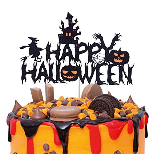 Happy Halloween Kuchenaufsatz – Schwarzer Glitzer-Fledermaus, Kürbis, Hexe, Spinnennetz, Happy Halloween-Zeichen Dekoration, Halloween-Themenparty-Kuchendekoration. Fotoautomaten-Requisiten. von YESSWL