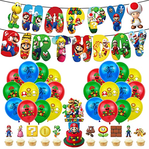 Super Mario Geburtstag Party Deko Set Happy Birthday Banner Wimpelkette Kuchen Dekorieren Topper Luftballons für Jungen Mädchen Geburtstag Babyparty Deko von YEZIDE