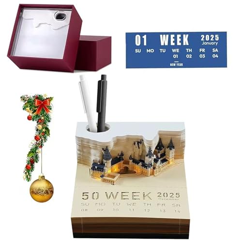 YFCJYBF 3D Kalender Abreißen 2025、3D-Notizblock，Kreative Uhr Kalender Zauberschloss Notiz, Papierskulptur Desktop Ornament (Schloss mit Licht) von YFCJYBF