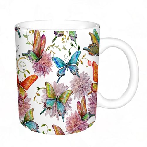 YFHJV Grosse Kaffeetasse - Bürotasse - Tasse Keramik Kaffeetassen Große 11oz - teetasse groß - cappuccino tassen - dekorativ, Schmetterling, fliegende Schmetterlinge mit floralen Elementen Farbpalett von YFHJV