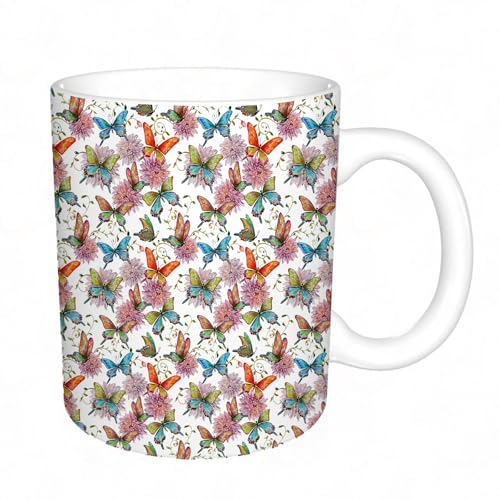 YFHJV Grosse Kaffeetasse - Bürotasse - Tasse Keramik Kaffeetassen Große 11oz - teetasse groß - cappuccino tassen - dekorativ, Schmetterling, fliegende Schmetterlinge mit floralen Elementen Farbpalett von YFHJV