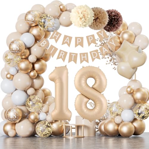 18 Geburtstag Deko, 18 Geburtstag Mädchen Junge, Geburtstagsdeko 18 Beige Gold Ballon Deko mit Happy Birthday Banner, Deko 18. Geburtstag Luftballons für Frauen Mann 18 Jahr Geburtstagdeko von YFKJEU