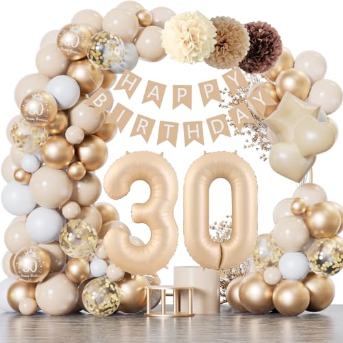 30 Geburtstag Deko, 30 Geburtstag Frauen Männer, Geburtstagsdeko 30 Beige Gold Ballon Deko mit Happy Birthday Banner, Deko 30. Geburtstag Luftballons für Frauen Männer 30 Jahr Geburtstagdeko von YFKJEU