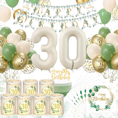 30 Geburtstag Deko, Grün Gold 30. Geburtstagsdeko Frau Mann, 30 Luftballons Geburtstag 8 Windlicht Tischdeko 30 Geburtstag, Eukalyptus Deko Birthday Banner Servietten Deko 30 Geburtstag Frauen Männer von YFKJEU