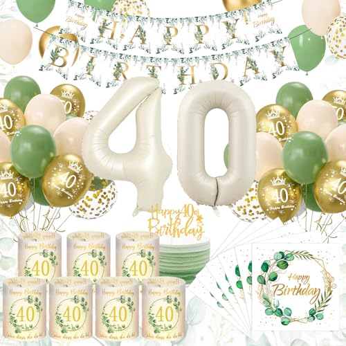 40 Geburtstag Deko, Grün Gold 40. Geburtstagsdeko Frau Mann, 40 Luftballons Geburtstag 8 Windlicht Tischdeko 40 Geburtstag, Eukalyptus Deko Birthday Banner Servietten Deko 40 Geburtstag Frauen Männer von YFKJEU