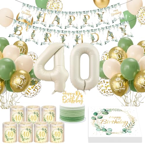 40 Geburtstag Deko, Grün Gold 40. Geburtstagsdeko Frau Mann, 40 Luftballons Geburtstag 8 Windlicht Tischdeko 40 Geburtstag, Eukalyptus Deko Birthday Banner Servietten Deko 40 Geburtstag Frauen Männer von YFKJEU