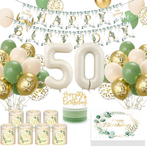 50 Geburtstag Deko, Grün Gold 50 Geburtstagsdeko Frau Mann 50th Luftballons Geburtstag, 8 Windlicht Tischdeko 50 Geburtstag, Eukalyptus Birthday Banner Servietten Deko Geburtstag Frau Mann von YFKJEU