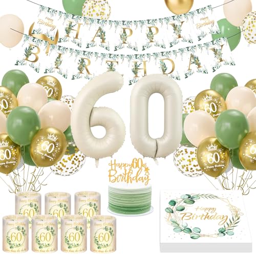 60 Geburtstag Deko, Grün Gold 60 Geburtstagsdeko Frau Mann 60th Luftballons Geburtstag, 8 Windlicht Tischdeko 60 Geburtstag, Eukalyptus Birthday Banner Servietten Deko Geburtstag Frau Mann von YFKJEU