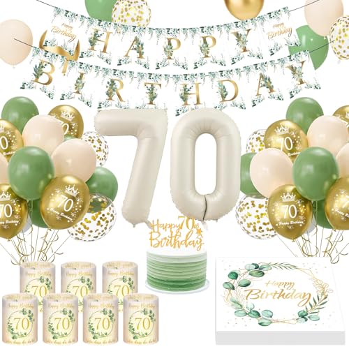 70 Geburtstag Deko, Grün Gold 70. Geburtstagsdeko Frau Mann, 70 Luftballons Geburtstag 8 Windlicht Tischdeko 70 Geburtstag, Eukalyptus Deko Birthday Banner Servietten Deko 70 Geburtstag Frauen Männer von YFKJEU