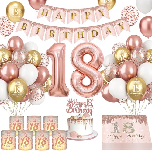 Deko 18. Geburtstag Mädchen, Rose Gold 18 Geburtstagsdeko Luftballons, 8 Windlicht Tischdeko 18. Geburtstag, Happy Birthday Banner Servietten Tortendeko 18th Geburtstag Mädchen von YFKJEU