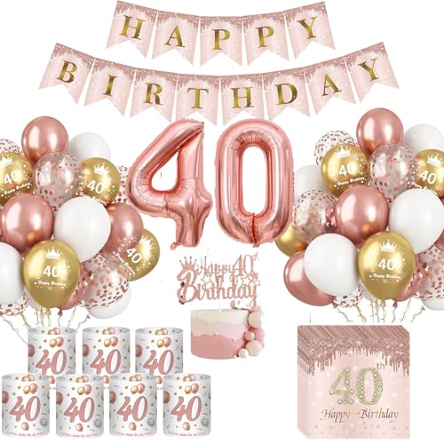 Deko 40. Geburtstag Frauen, Rose Gold 40 Geburtstagsdeko Luftballons, 8 Windlicht Tischdeko 40. Geburtstag, Happy Birthday Banner Servietten Tortendeko 40th Geburtstag Frauen von YFKJEU