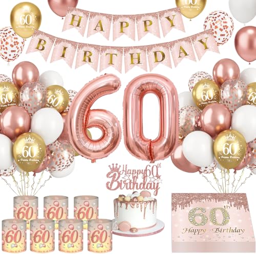 Deko 60. Geburtstag Frauen, Rose Gold 60 Geburtstagsdeko Luftballons, 8 Windlicht Tischdeko 60. Geburtstag, Happy Birthday Banner Servietten Tortendeko 60th Geburtstag Frauen von YFKJEU