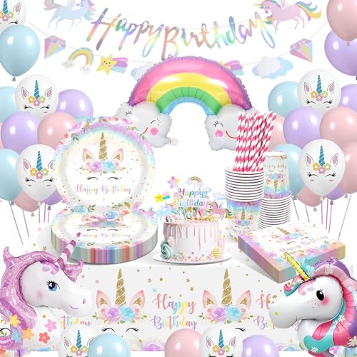 Einhorn Deko Kindergeburtstag, Einhorn Partygeschirr Set Geburtstagsdeko Mädchen, Einhorn Luftballons Party Geschirr Pappteller Tassen Servietten Tischdecke für Party Kindergeburtstag 16 Gäste von YFKJEU