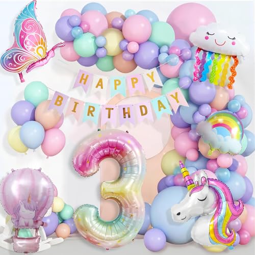 Einhorn Geburtstagsdeko Mädchen, 3 Jahre Einhorn Deko Kindergeburtstag, Einhorn Luftballons Geburtstag Happy Birthday Banner, Schmetterling Folienballon Kindergeburtstag 3. Geburtstag Mädchen Deko von YFKJEU