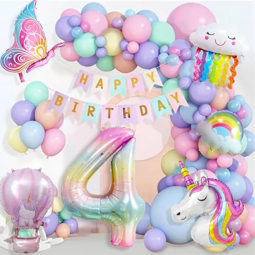 Einhorn Geburtstagsdeko Mädchen, 4 Jahre Einhorn Deko Kindergeburtstag, Einhorn Luftballons Geburtstag Happy Birthday Banner, Schmetterling Folienballon Kindergeburtstag 4. Geburtstag Mädchen Deko von YFKJEU