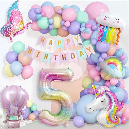 Einhorn Geburtstagsdeko Mädchen, 5 Jahre Einhorn Deko Kindergeburtstag, Einhorn Luftballons Geburtstag Happy Birthday Banner, Schmetterling Folienballon Kindergeburtstag 5. Geburtstag Mädchen Deko von YFKJEU