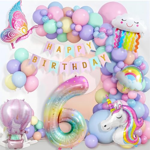 Einhorn Geburtstagsdeko Mädchen, 6 Jahre Einhorn Deko Kindergeburtstag, Einhorn Luftballons Geburtstag Happy Birthday Banner, Schmetterling Folienballon Kindergeburtstag 6. Geburtstag Mädchen Deko von YFKJEU