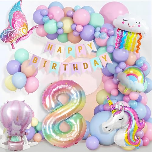 Einhorn Geburtstagsdeko Mädchen, 8 Jahre Einhorn Deko Kindergeburtstag, Einhorn Luftballons Geburtstag Happy Birthday Banner, Schmetterling Folienballon Kindergeburtstag 8. Geburtstag Mädchen Deko von YFKJEU