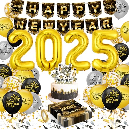 Silvester Deko 2025, Silvester Happy New Year 2025 Deko, Schwarz Gold Silber 2025 Luftballons Happy Birthday Banner Servietten Konfetti Torten Tischdeko, 2025 Neujahr Party Dekoration von YFKJEU