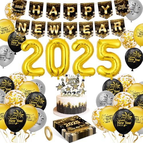 Silvester Deko 2025, Silvester Happy New Year 2025 Deko, Schwarz Gold Silber 2025 Luftballons Happy Birthday Banner Servietten Konfetti Torten Tischdeko, 2025 Neujahr Party Dekoration von YFKJEU