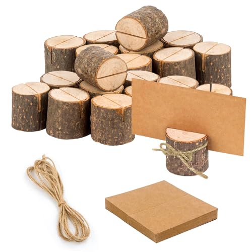 25 Stück Tischkartenhalter Holz mit Karte aus Kraftpapier,Menükartenhalter mit 5M Schnur Tischkartenhalter Holz,Fotohalter aus Holz Kartenhalter Fotohalter Menükarten Halter für Hochzeit,Party von YFPOPONE