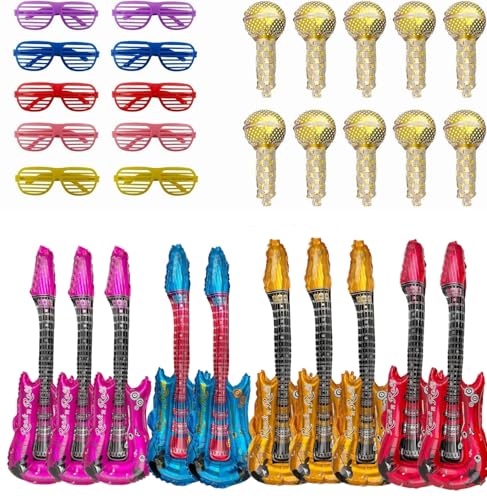 30 Stück Aufblasbare Instrumente Spielzeug Set,Buntes Aufblasbare Gitarre+Mikrofon+Farbigen Shading Gläser,Aufblasbare Party Props,Party-Requisiten,Jumbo Rock Star für Kinder und Erwachsene von YFPOPONE