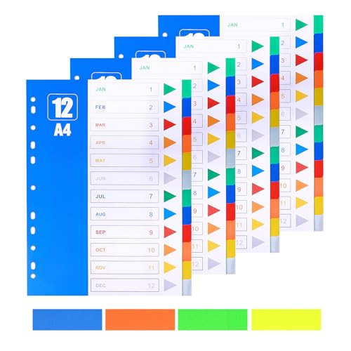 4 Stück Trennblätter für Ordner A4,Poröse Mehrzweck-Indexteiler mit Zahlen 1-12 Index,Mehrzweck Ordner Trennblätter A4 aus PP,Extra Breit 12-Teiliges Register für Ordner A4 mit Haftnotizen von YFPOPONE
