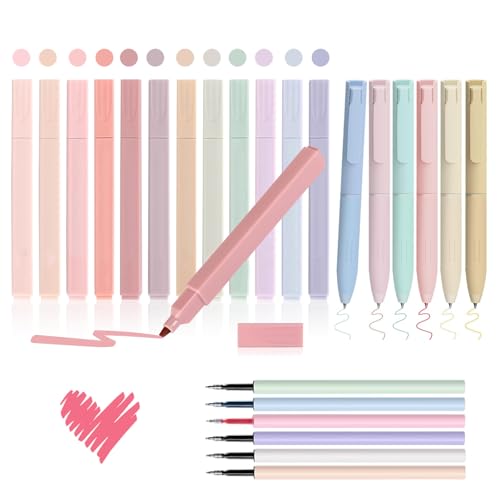 Textmarkers Set, 24 Pcs Highlighter Textmarker Pastell, 6 Fineliner Mit Austauschbare Mine, Schulsachen Aesthetic Kein Ausbluten, Pastellstifte Trocknet Schnell, Für Journal Bibel Notizen BüRo von YFPOPONE