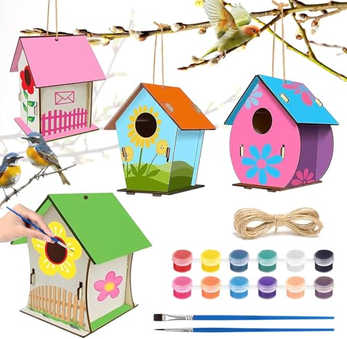 YFPOPONE 4 Stück Vogelhaus Bausatz Kinder Zum Bemalen Mit Farben Und Pinseln,4 Formen Von Bausatz Vogelhaus Holz Für Jungen Und Mädchen, DIY Kit Für Kinder Geburtstag von YFPOPONE