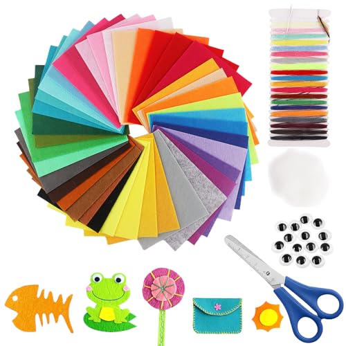 YFPOPONE 40 Farben Bastelfilz，Super Weich Filzbasteln für Kinder, Bunter Filzmatte mit Nähzubehör und Füllmaterial,Vliesstoff Stoff Filzplatten mit Puppenaugen Zum DIY 20 * 15cm von YFPOPONE