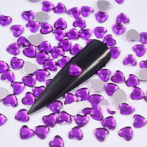 100 Stück Herz-Strasssteine aus mehrfarbigem Acrylkristall für Nagelkunst, flache Rückseite, Kristall AB, nicht Hot Fix-Strasssteine, Glitzer-Strass, B3717-DK, Amethyst, 6 mm von YFSHC