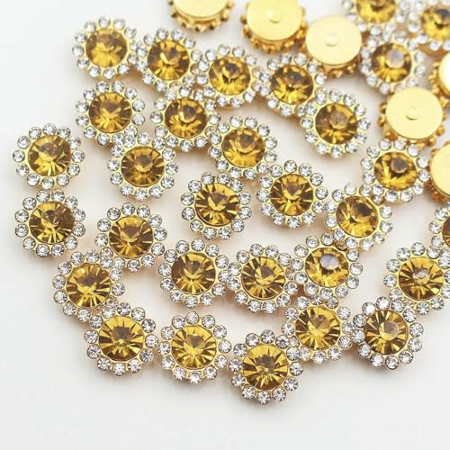 30–100 Stück goldene Strasssteine in Blumenform, Glitzerkristalle, Ziersteine, Perlen, Kleidungshandwerk, Strasssteine zum Aufnähen für Kleidung, Edelsteine-Topas-G-10 mm-100 Stück von YFSHC