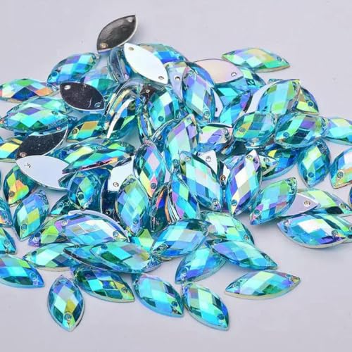 7 x 15 mm, 100 Stück, Nähen, Kristall-AB-Strass, flache Rückseite, Acrylsteine, Applikation zum Aufnähen, Pferdeauge-Kristall-Strass für Handarbeiten, Aquamarin AB von YFSHC