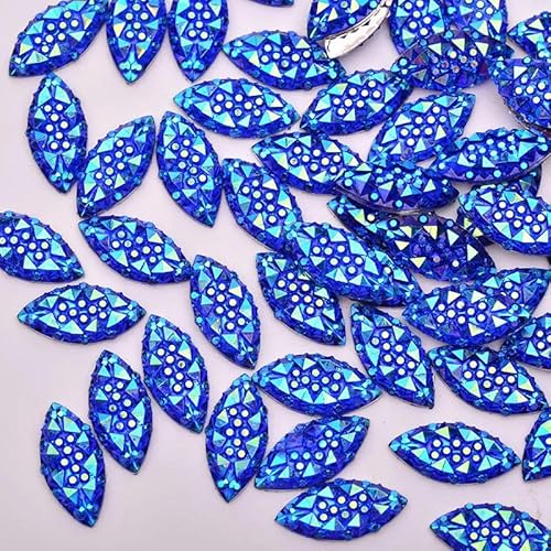 7 x 15 mm silberne Kristall-Strass-Applikation, Pferdeauge, Kristallstein, flache Rückseite, Kunstharz-Edelsteine, nicht nähender Diamant zum Basteln, Blau AB von YFSHC