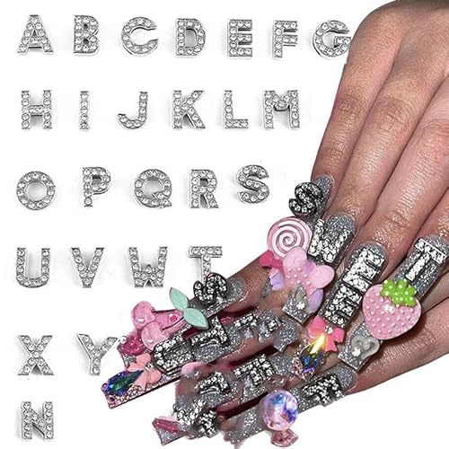 Nagel-Charms mit 26 Buchstaben, Punk-Luxuslegierung, Buchstabenform, Strasssteine, Nagelkunst, Acrylspitzen, Dekorationszubehör, Silber, 26 Stück von YFSHC