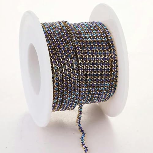 SS6 2 mm, 1 Yard, Rosa/Grün/Blau, Opalglas-Strass-Cup-Kette, Glitzer-Kristall-Strassbesatz für DIY-Hochzeitskleid-Dekoration, Goldblau-Hellgold, SS6 (2 mm), 10 Yards von YFSHC