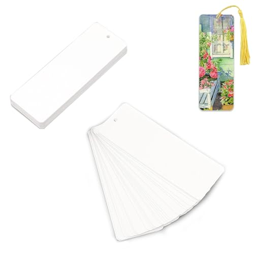 YFaith Lesezeichen Papier 60 Stück, Weißes Papier Lesezeichen Basteln, 14 x 5 cm, Blanko Lesezeichen Papier mit Löchern, Geschenkanhänger für Aquarelle, Zeichnungen, DIY von YFaith