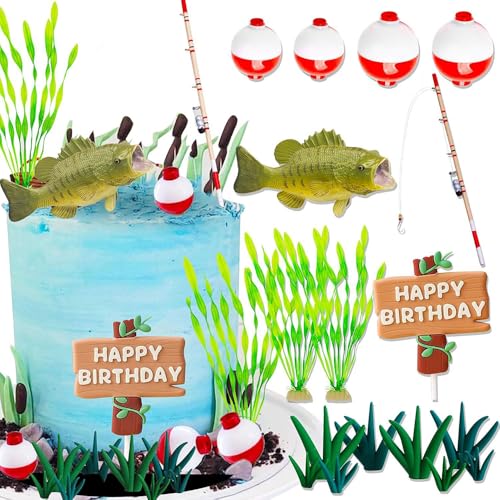 YGCHEN Angeln Tortendeko Fisch Kuchen Deko Geburtstag Angeln Dekoration Fishing Happy Birthday Cake Topper Angler Kuchen Topper Kindergeburtstag Dekoration 17 Stück von YGCHEN