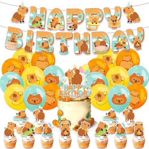 YGCHEN Capybara Party Dekoration Capybara Luftballons Cartoon Tier Tortendeko Happy Birthday Banner Capybara Kindergeburtstag Ballons Deko Geburtstagsparty für Jungen Mädchen 32 Stück von YGCHEN