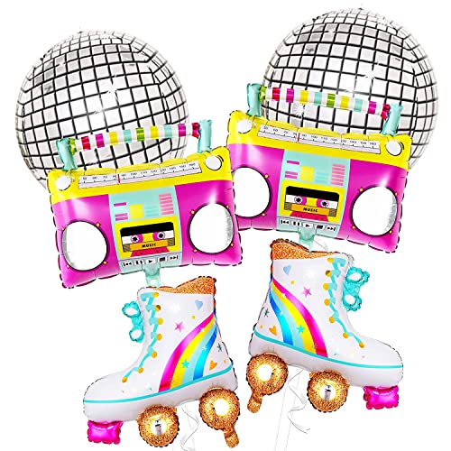 YGCHEN Disco Party Luftballons Rollerskate Rainbow Folienballon Radio Boombox Helium Ballons Disco Ball Balloons für 70er 80er Jahre, Rock'n'Roll Themenparty Deko von YGCHEN