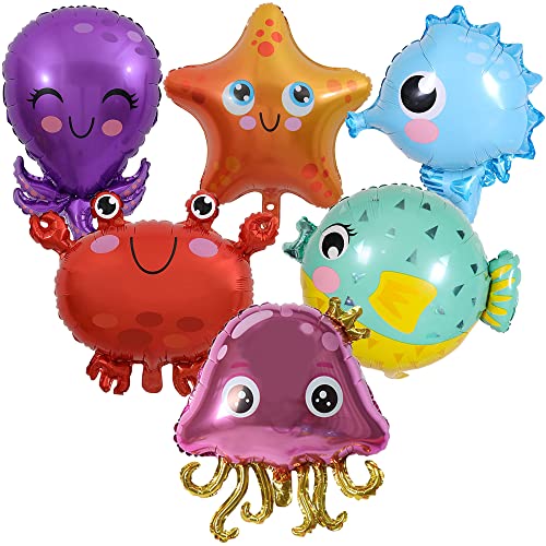 YGCHEN Folienballon Meerestier Luftballon Kugelfisch Ballons Seestern Luftballons Tintenfisch Krabbe Hippocampus Qualle Fisch für Kindergeburtstag Deko Meeres Tier Party B 6 Stücke von YGCHEN