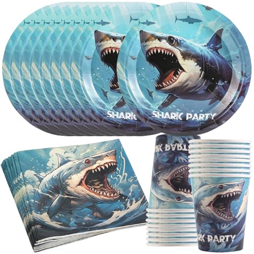 YGCHEN Hai Partygeschirr Meerestier Kindergeburtstag Deko Shark Party Geschirr Set Geburtstag Pappbecher Pappteller Servietten Haie Geschirr Geburtstagsdeko 20 Personen von YGCHEN