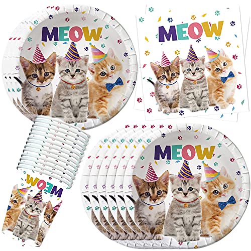 YGCHEN Katze Partygeschirr Kindergeburtstag Deko Kätzchen Geschirr Geburtstag Pappbecher Pappteller Servietten Cat Party Geschirr Supplies 10 Personen von YGCHEN