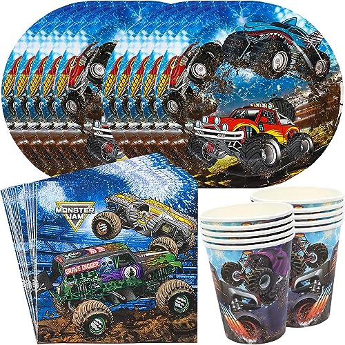 YGCHEN Monster Truck Partygeschirr Rennwagen Geschirr Kindergeburtstag Deko Auto Party Geschirr Monster Pappbecher Pappteller Servietten Geburtstag Geschirr Set 10 Gäst von YGCHEN